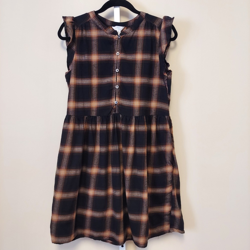 Time Tru Plaid Brown Plaid Dress Flutter Sleeve Babydoll Cottage Evermore Grunge - Picture 1 of 8